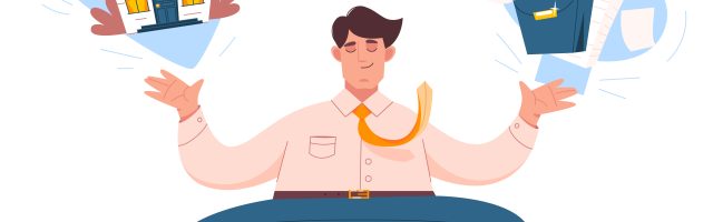 Work life balance flat concept with meditating businessman