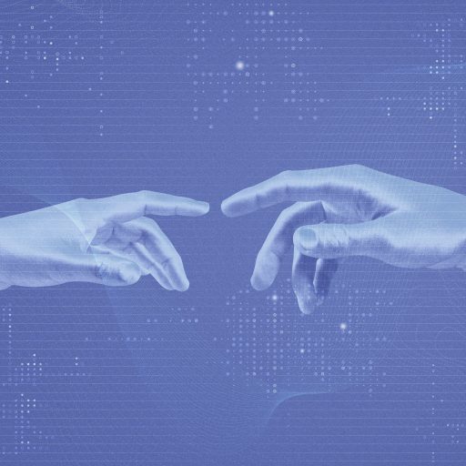 Two hands touching each other in representation of the digital twin technology